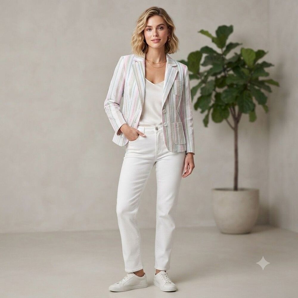 Seersucker Blazer City Street Women Pink Green White Cuff Preppy Jacket Small